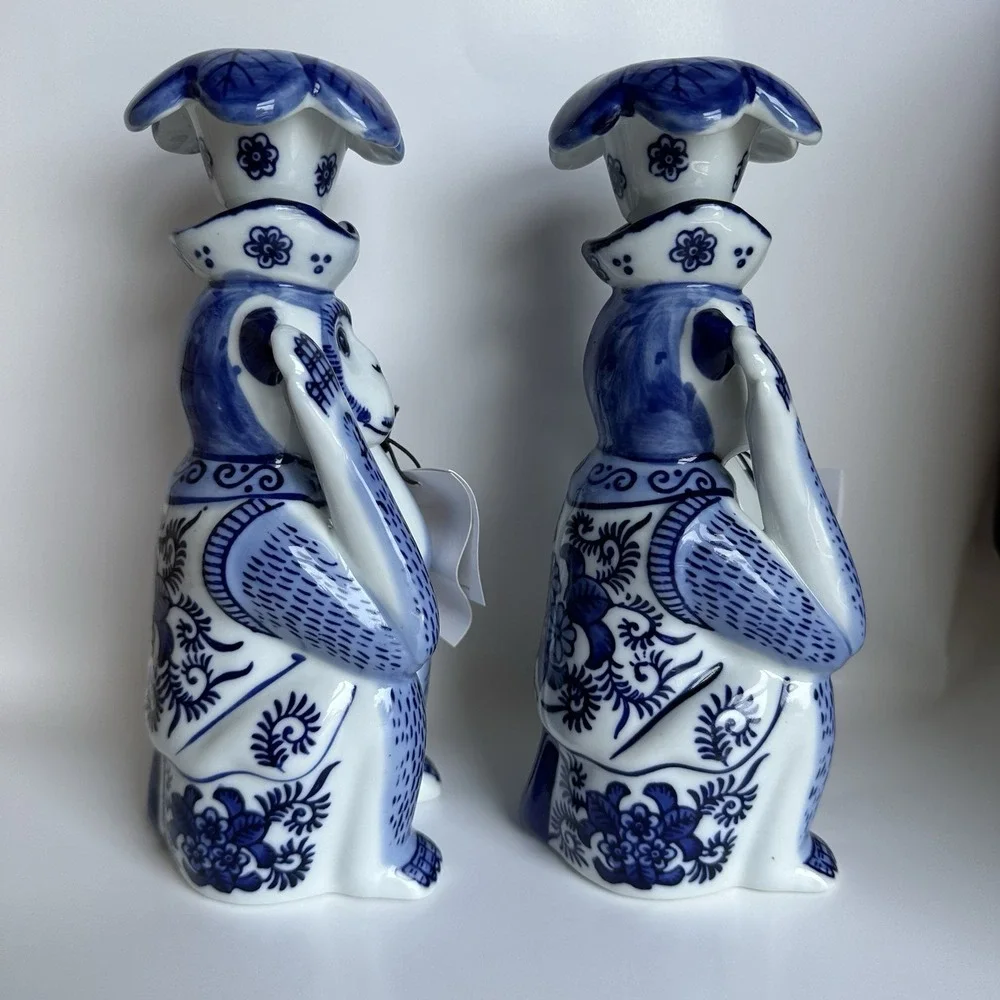 NWT 8 Oak Lane Blue White Porcelain Chinoiserie Monkey Candlestick Set 9 Inch